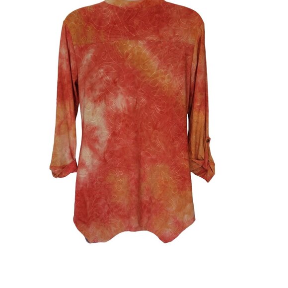 New Directions Blouse Womens S Coral Abstract Pleated Roll Tab Sleeve Asymmetric - Picture 4 of 9